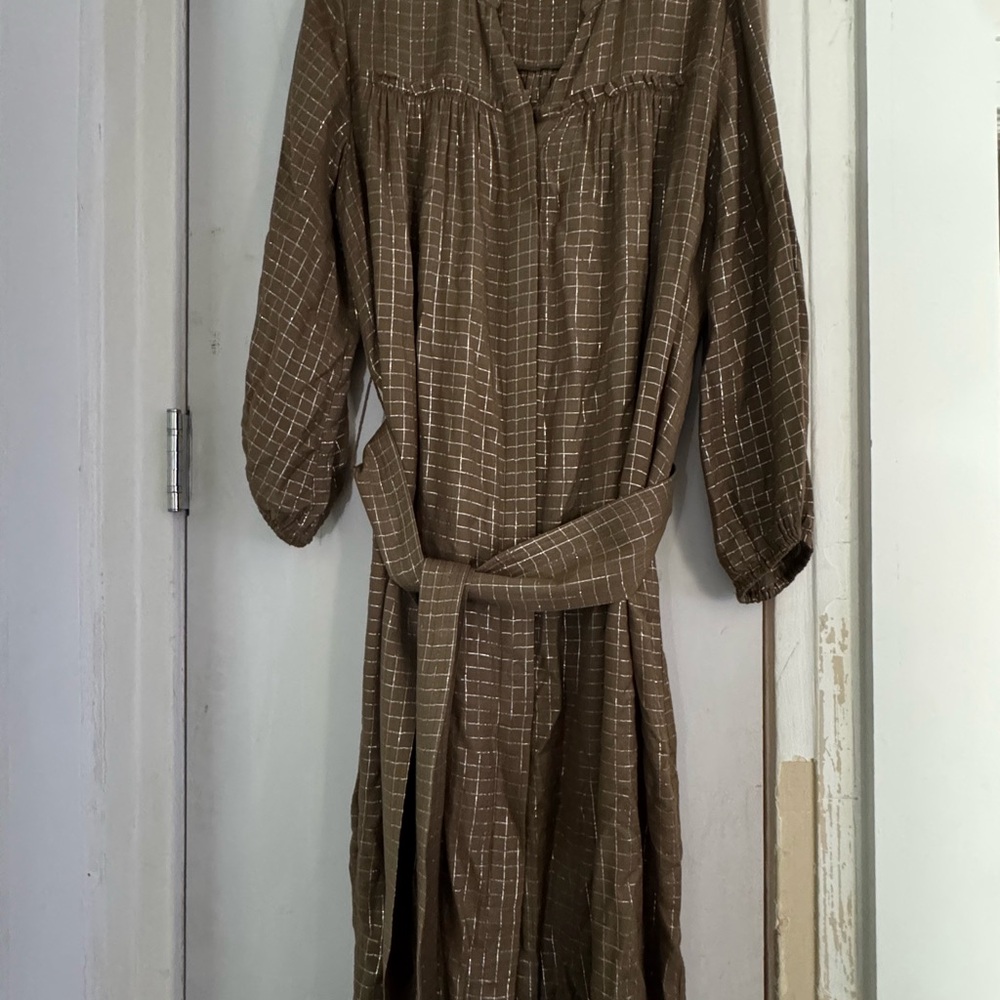 Apiece Apart Brown Tan V-Neck Bishop Sleeve Dress